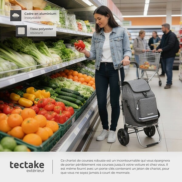 TECTAKE - Chariot de courses 3 en 1 pliable gris avec sac isotherme diable bandoulière caddie 56L aluminium réglable 30kg poussette provisions - large