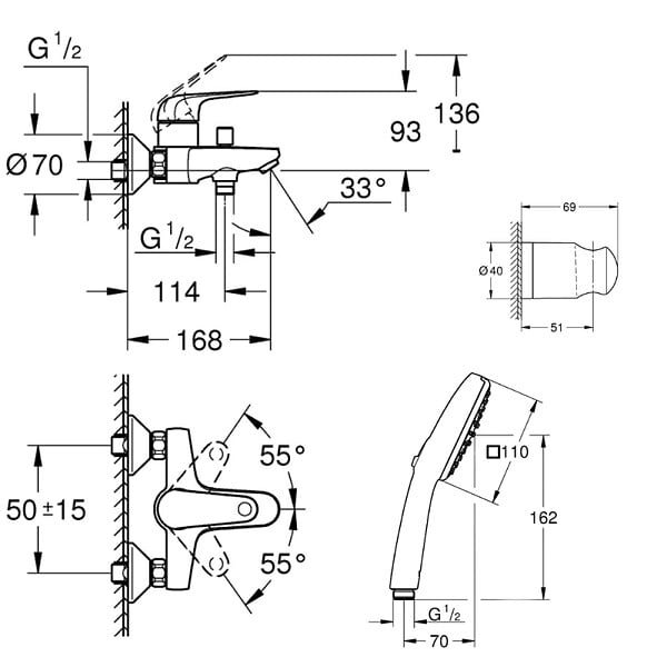 GROHE - Pack mitigeur mécanique Swift + Douchette 2 jets Vitalio Comfort 110 + Flexible1750 mm et support - large