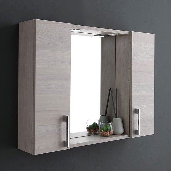 KIAMAMI VALENTINA - Miroir De Salle De Bain Avec Deux Meubles Hauts En Bois De Chêne Gris Et Led - large