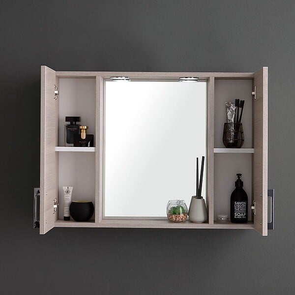 KIAMAMI VALENTINA - Miroir De Salle De Bain Avec Deux Meubles Hauts En Bois De Chêne Gris Et Led - large