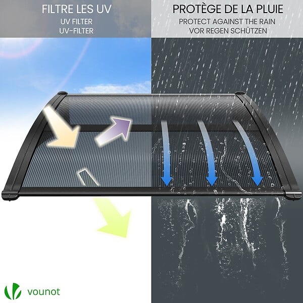 VOUNOT - Auvent de porte marquise 100x80 cm en Polycarbonate anti UV Anthracite - large