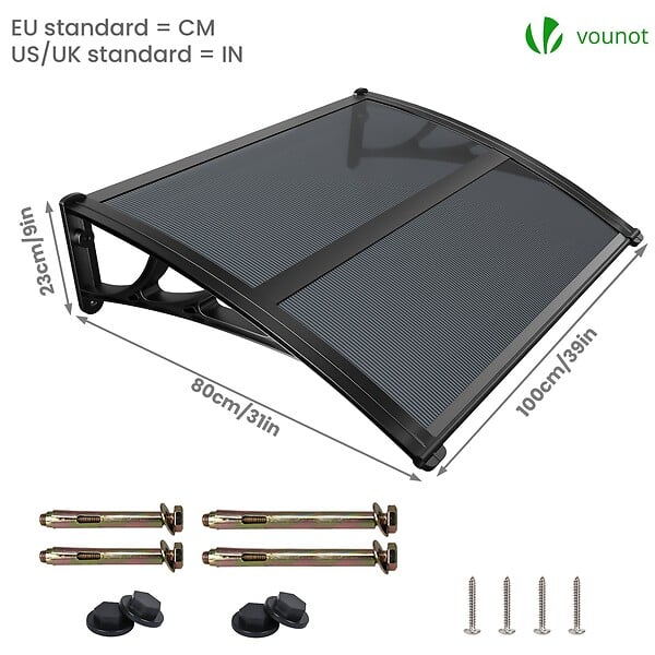 VOUNOT - Auvent de porte marquise 100x80 cm en Polycarbonate anti UV Anthracite - large