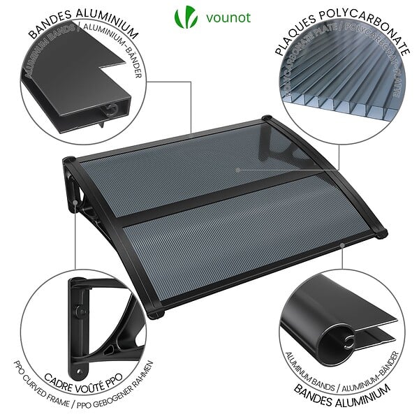 VOUNOT - Auvent de porte marquise 100x80 cm en Polycarbonate anti UV Anthracite - large