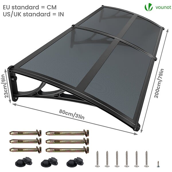 VOUNOT - Auvent de porte marquise 200x80 cm en Polycarbonate anti UV Anthracite - large