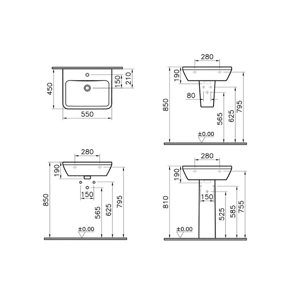 VITRA - Integra 55x45x19 cm lavabo suspendu en céramique, trou pour robinetterie au milieu, avec trop-plein, blanc (7049-003-0001) - large