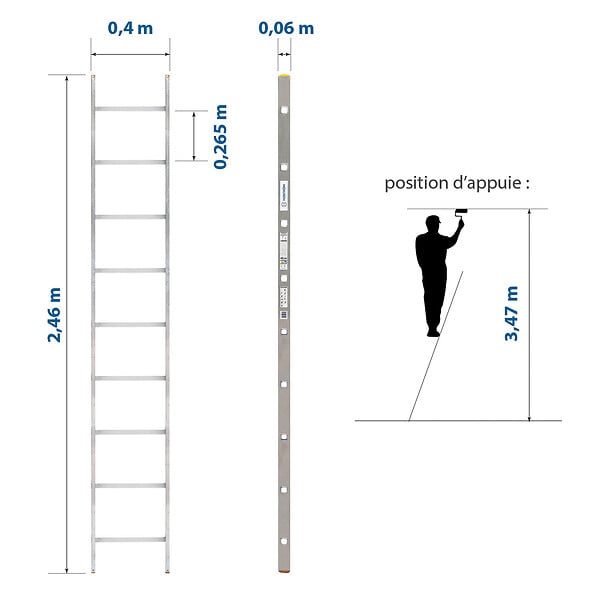 HOSTRÃ–M - Echelle simple StablePro 9 marches en aluminium, légère et durable, hauteur de travail maximale 3,47m, garantie 5 ans, charge maximale 150kg, Hostrom - large