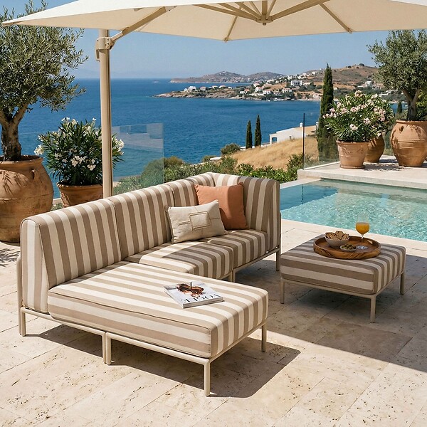 OVIALA - Salon de jardin bas modulable rayé 4 places beige - Patio - large