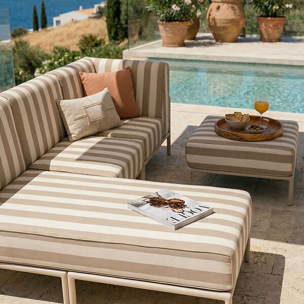 OVIALA - Salon de jardin bas modulable rayé 4 places beige - Patio - large