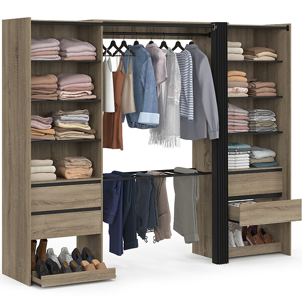ID MARKET - Dressing double XXL MERYL 220 cm avec porte pantalons + étagères + tiroirs + rangements à chaussures hêtre et noir - large