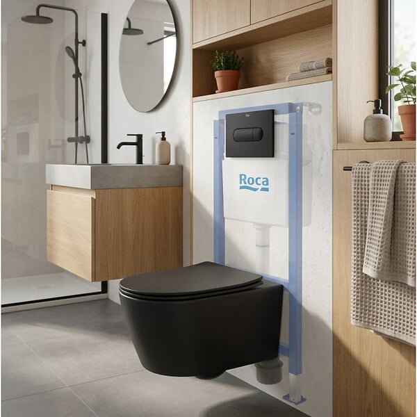 ROCA - Pack WC bâti-support + WC suspendu sans bride Swiss Aqua Technologies avec abattant SoftClose + plaque (ROSTBRBMR01-FR) - large
