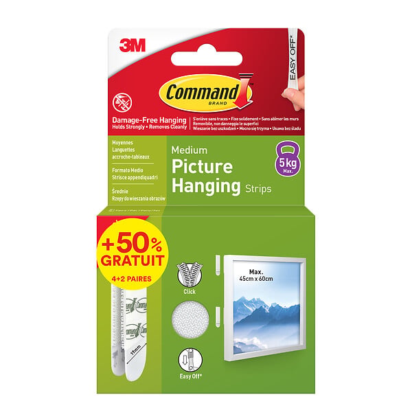 COMMAND - Box languettes adhésives enlevables tableaux QI blanc M x 4 paires + 2 paires gratuites - large