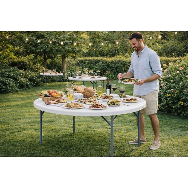 KZ GARDEN - Table ronde pliante blanche Ø122cm Table d'appoint Interieur Exterieur Jardin Camping Réceptions KZ GARDEN - large