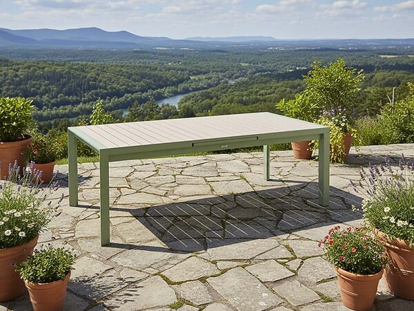 HESPERIDE - Table de jardin rectangulaire extensible alu Evasion 8/10 places effet bois et vert laurier - Hespéride - large