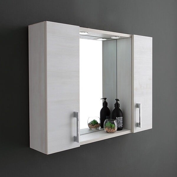 KIAMAMI VALENTINA - Miroir De Salle De Bain À Conteneur Avec Deux Éléments Muraux En Chêne Blanc Et Une Lampe À Del - large