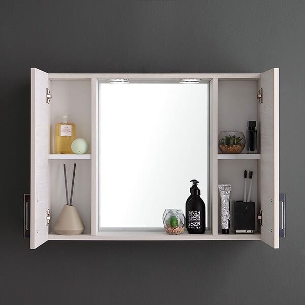 KIAMAMI VALENTINA - Miroir De Salle De Bain À Conteneur Avec Deux Éléments Muraux En Chêne Blanc Et Une Lampe À Del - large