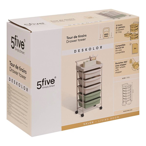 5 FIVE SIMPLY SMART - Tour rangement 5 tiroirs Deskolor avec roues beige et vert - large