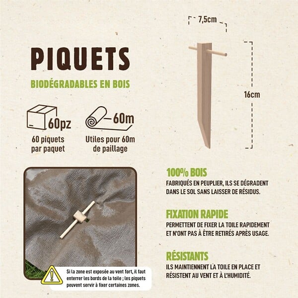 KZ GARDEN - Lots de 60 Piquets de fixation Bois peuplier Toile de Paillage - Ancrage sol Jardin Potager, Fixation bâche paillage KZ GARDEN - large