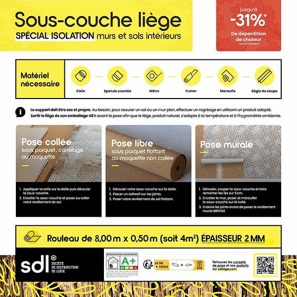 Rouleau liège aggloméré naturel - 8x0,5m - Épaisseur 2mm - large