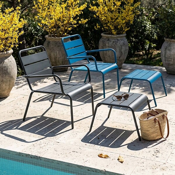 OVIALA - Lot 2 fauteuils relax avec repose-pieds métal gris et bleu pacific - Palavas - large