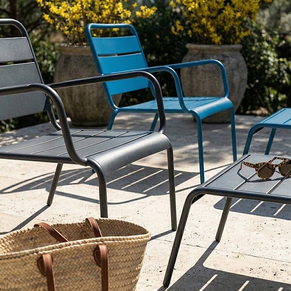 OVIALA - Lot 2 fauteuils relax avec repose-pieds métal gris et bleu pacific - Palavas - large