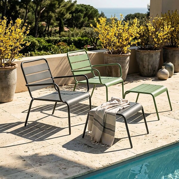 OVIALA - Lot 2 fauteuils relax avec repose-pieds métal gris et vert cactus - Palavas - large