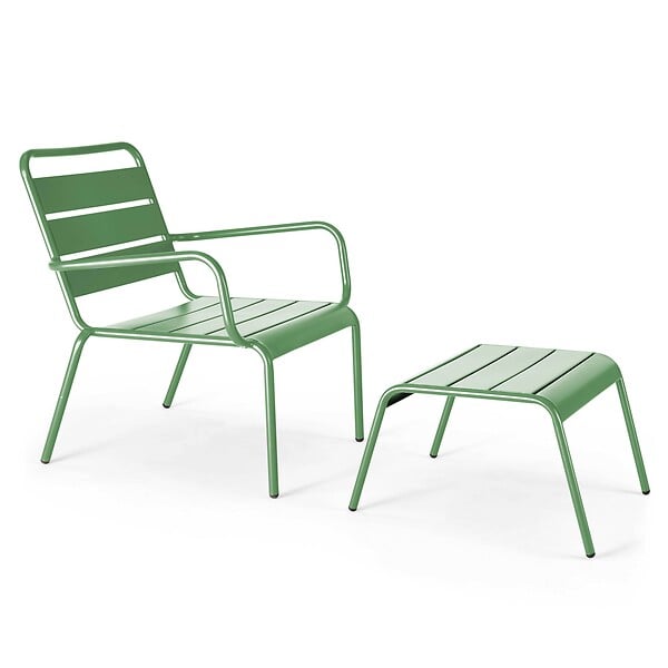 OVIALA - Lot 2 fauteuils relax avec repose-pieds métal gris et vert cactus - Palavas - large