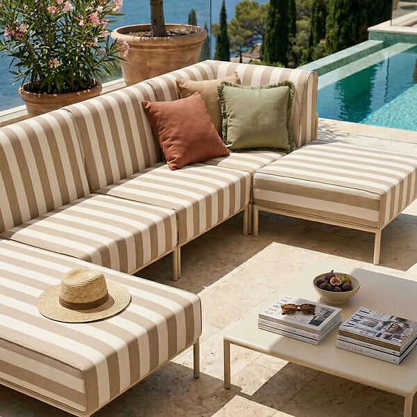 OVIALA - Salon de jardin bas modulable rayé 5 places beige - Patio - large