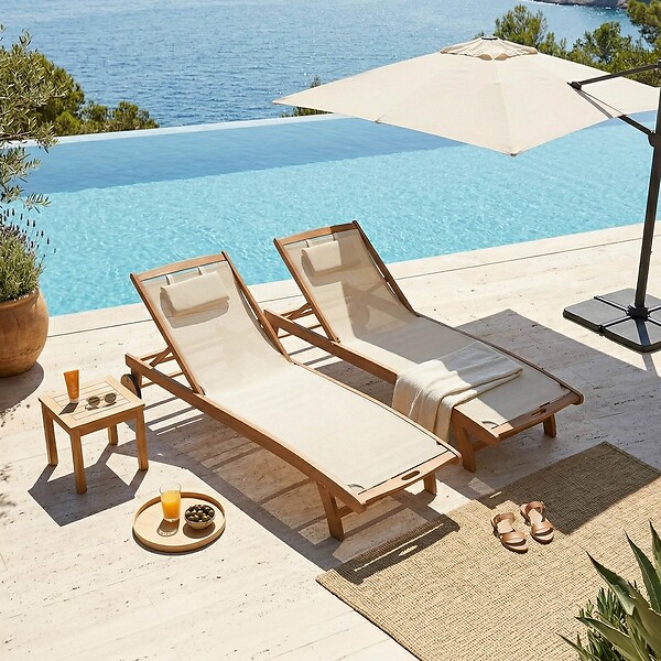 OVIALA - Lot de 2 bains de soleil en bois inclinable avec roues écru - Aubagne - large