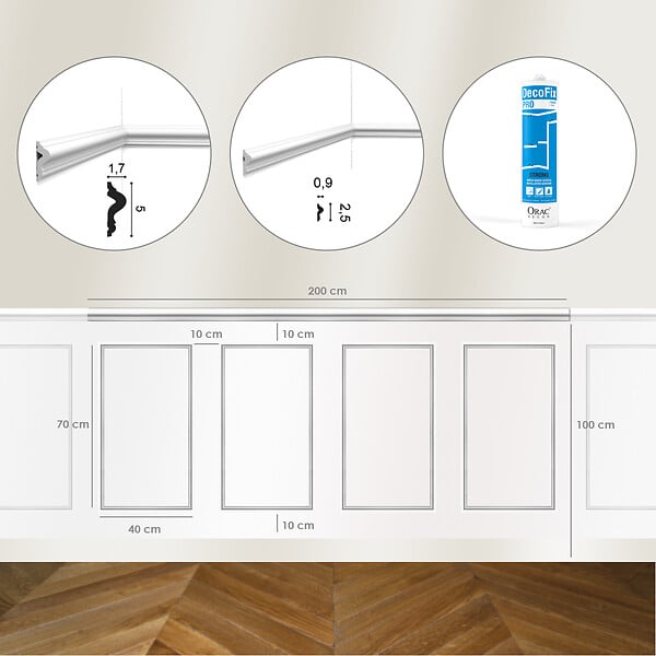 ORAC DECOR - Kit DIY Encadrement Cimaise PX175 + 4 cadres PX201 + colle - Soubassement Orac - large