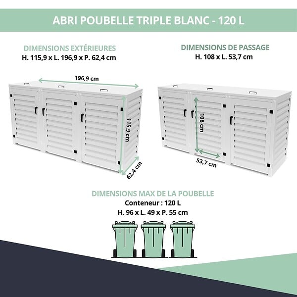 ATOLE - Abri poubelle - Cache poubelle Triple en Aluminium thermolaqué 3x120 Litres - Blanc - large