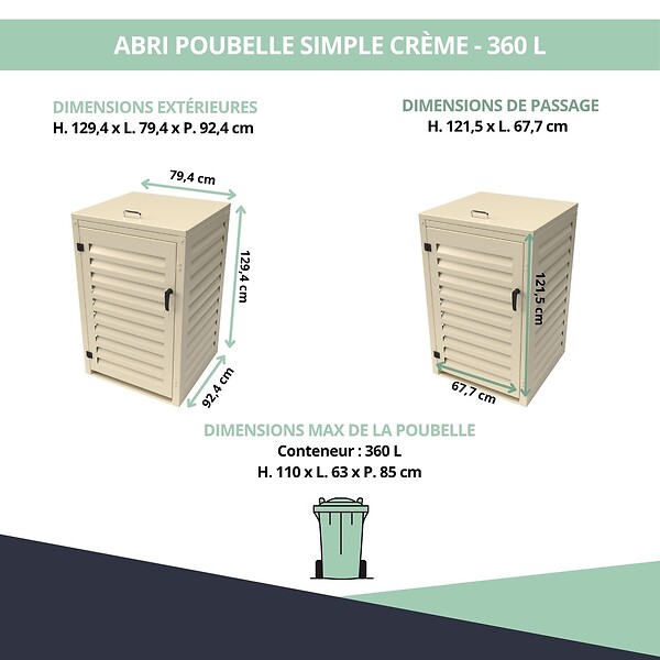 ATOLE - Abri poubelle - Cache poubelle Simple en Aluminium thermolaqué 1x360 Litres - Crème - large