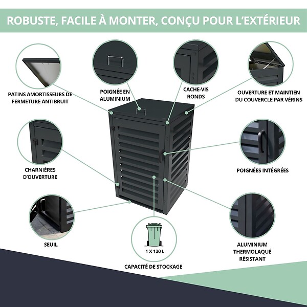 ATOLE - Abri poubelle - Cache poubelle Simple en Aluminium thermolaqué 1x120 Litres - Gris anthracite - large