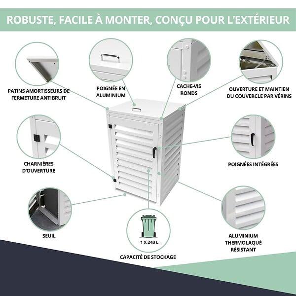 ATOLE - Abri poubelle - Cache poubelle Simple en Aluminium thermolaqué 1x240 Litres - Blanc - large