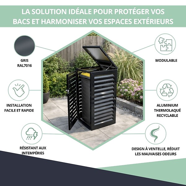 ATOLE - Abri poubelle - Cache poubelle Simple en Aluminium thermolaqué 1x240 Litres - Gris anthracite - large