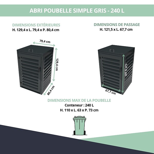ATOLE - Abri poubelle - Cache poubelle Simple en Aluminium thermolaqué 1x240 Litres - Gris anthracite - large