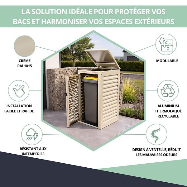 ATOLE - Abri poubelle - Cache poubelle Simple en Aluminium thermolaqué 1x120 Litres - Crème - large
