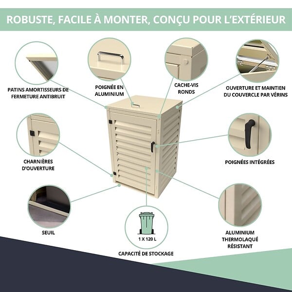 ATOLE - Abri poubelle - Cache poubelle Simple en Aluminium thermolaqué 1x120 Litres - Crème - large
