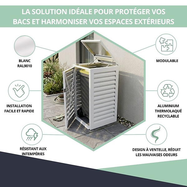 ATOLE - Abri poubelle - Cache poubelle Simple en Aluminium thermolaqué - 1x120 Litres - Blanc - large