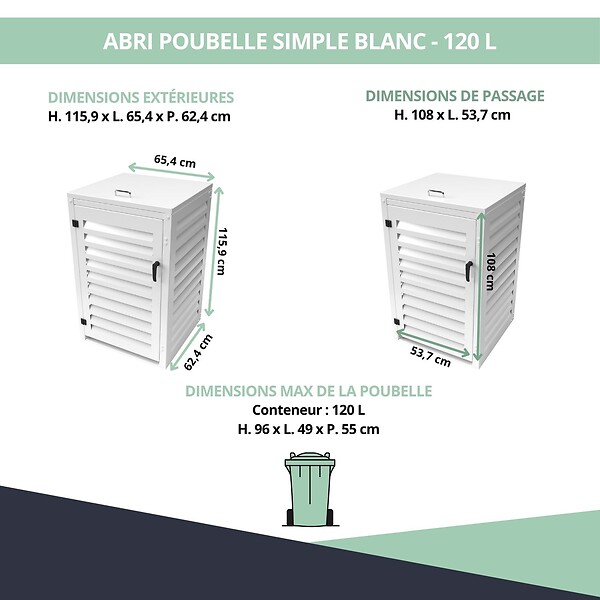 ATOLE - Abri poubelle - Cache poubelle Simple en Aluminium thermolaqué - 1x120 Litres - Blanc - large