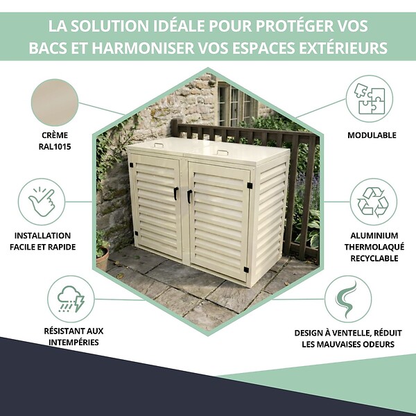 ATOLE - Abri poubelle - Cache poubelle Double en Aluminium thermolaqué 2x360 Litres - Crème - large