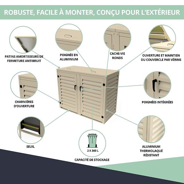 ATOLE - Abri poubelle - Cache poubelle Double en Aluminium thermolaqué 2x360 Litres - Crème - large