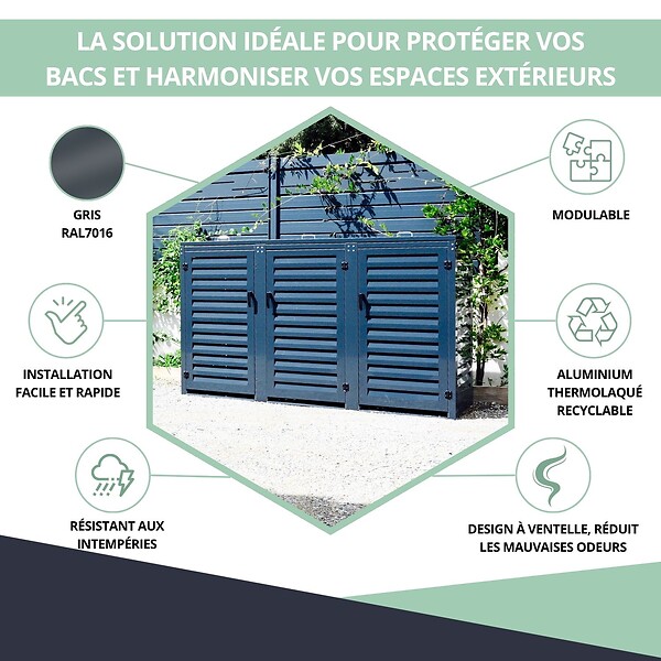 ATOLE - Abri poubelle - Cache poubelle Triple en Aluminium thermolaqué 3x240 Litres - Gris anthracite - large