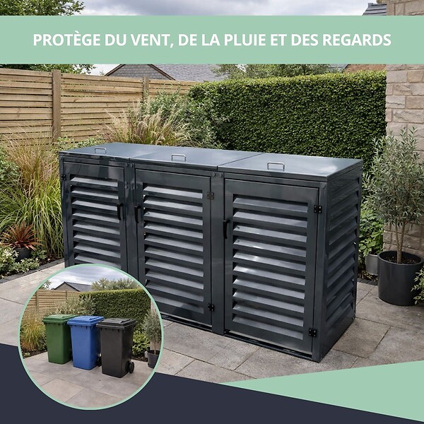 ATOLE - Abri poubelle - Cache poubelle Triple en Aluminium thermolaqué 3x240 Litres - Gris anthracite - large