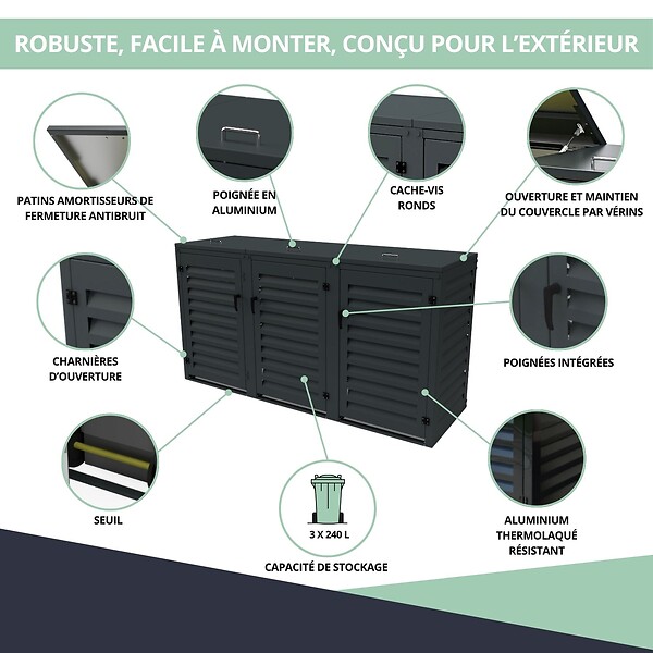 ATOLE - Abri poubelle - Cache poubelle Triple en Aluminium thermolaqué 3x240 Litres - Gris anthracite - large