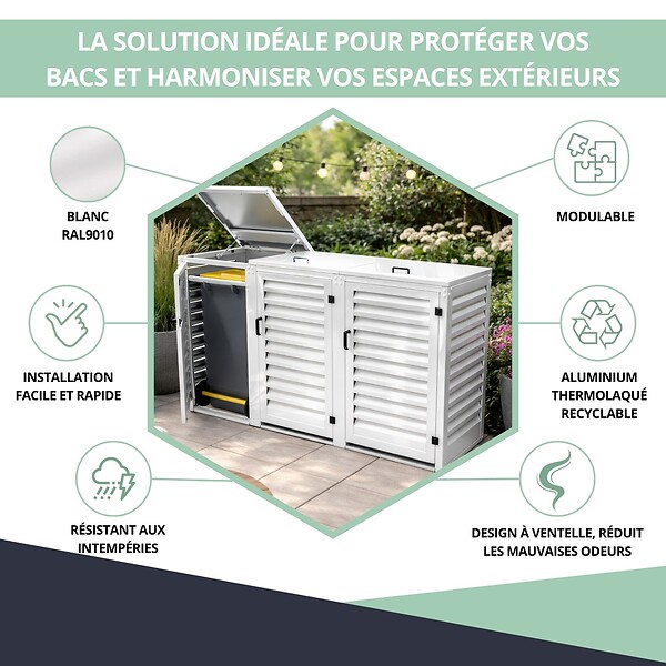 ATOLE - Abri poubelle - Cache poubelle Triple en Aluminium thermolaqué 3x240 Litres - Blanc - large
