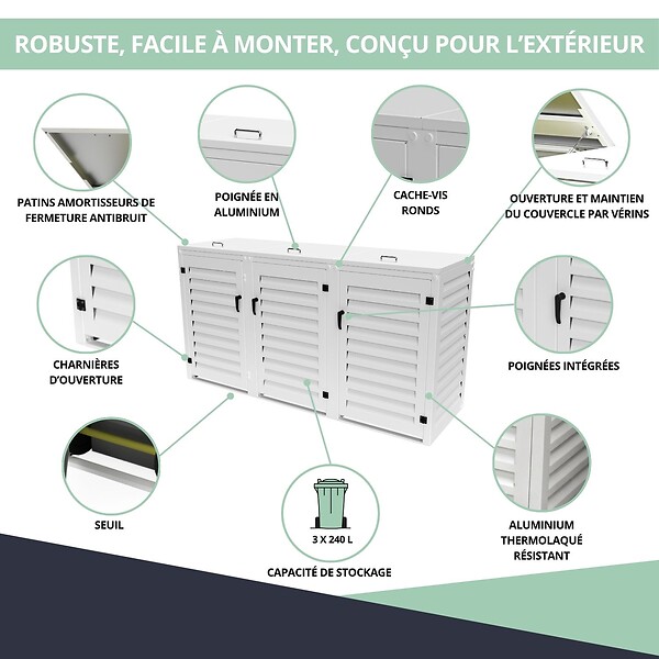 ATOLE - Abri poubelle - Cache poubelle Triple en Aluminium thermolaqué 3x240 Litres - Blanc - large