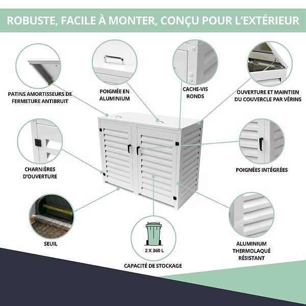 ATOLE - Abri poubelle - Cache poubelle Double en Aluminium thermolaqué 2x360 Litres - Blanc - large