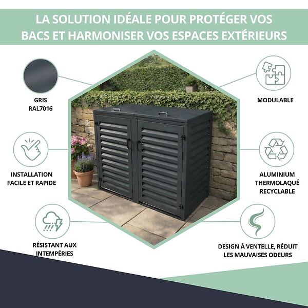 ATOLE - Abri poubelle - Cache poubelle Double en Aluminium thermolaqué  2x360 Litres - Gris anthracite - large