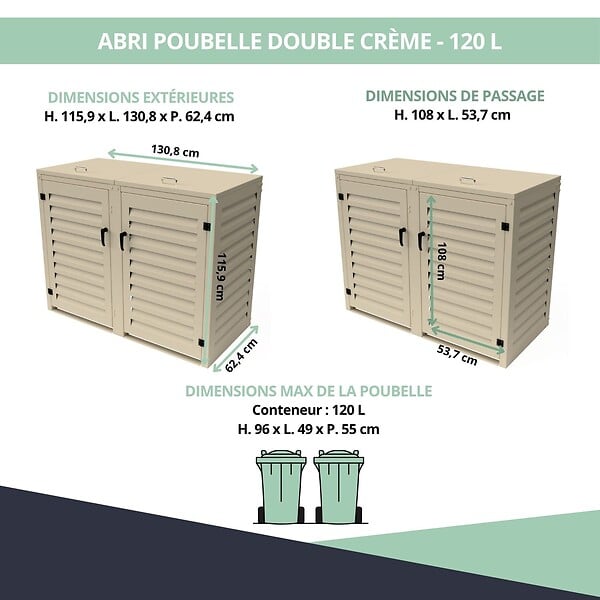 ATOLE - Abri poubelle - Cache poubelle Double en Aluminium thermolaqué 2x120 Litres - Crème - large
