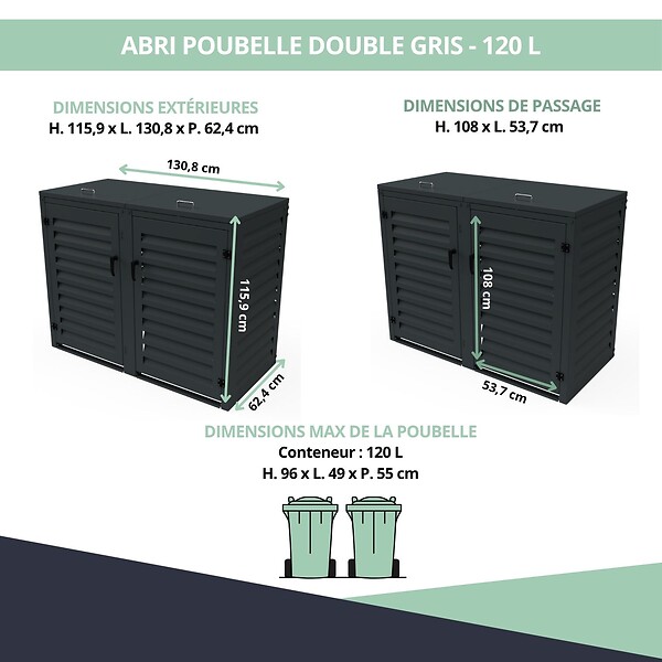 ATOLE - Abri poubelle - Cache poubelle Double en Aluminium thermolaqué 2x120 Litres - Gris anthracite - large